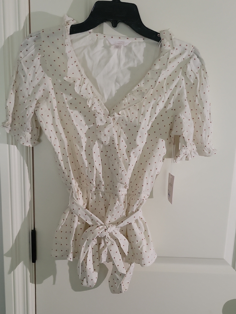 Lauren Conrad Wrap Top Womens Medium White Polka Dot Ruffle Tie Waist